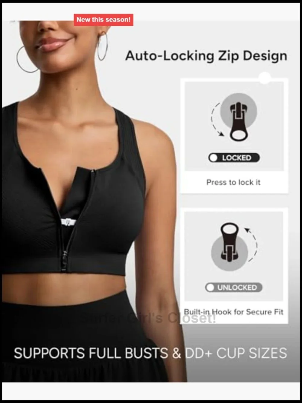 Front Zip High Impact Sports Bra with Sewn-in Pads